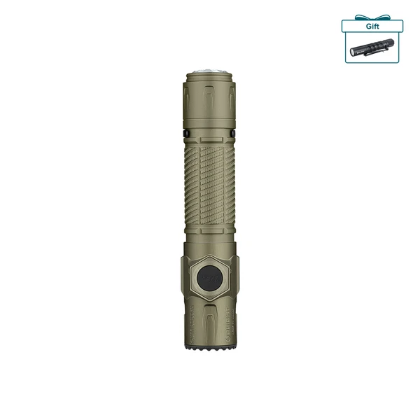 Olight Warrior 3S tactical flashlight in OD green with textured grip and side switch on a white background.of
