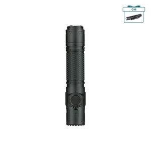Olight Warrior Nano black tactical flashlight with textured grip and side switch, showing gift icon in top right corner