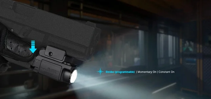 Handgun with tactical light, showing programmable strobe, momentary, and constant on illumination modes.