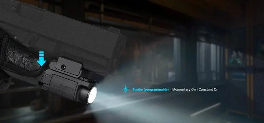 Handgun with tactical light, showing programmable strobe, momentary, and constant on illumination modes.