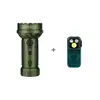 Olight green heavy duty tactical flashlight next to compact EDC pocket light bundle on white background