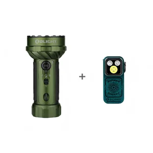 Olight green heavy duty tactical flashlight next to compact EDC pocket light bundle on white background