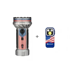 Olight patriotic USA flag themed heavy-duty flashlight and compact EDC pocket light set on white background