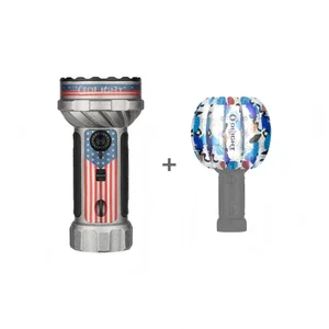 Olight patriotic flag themed flashlight and blue floral patterned pumpkin light accessory bundle on white background