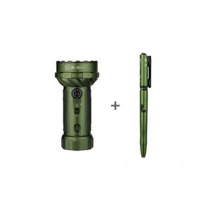 Olight green LED flashlight and matching tactical pen combo set isolated on a white background