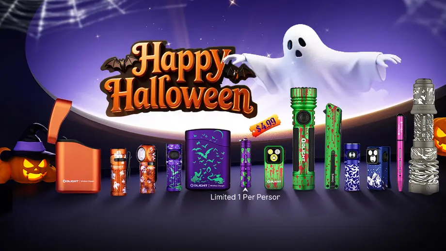 Happy Halloween Olight sale: spooky flashlights, knives, and chargers with ghost, bat, and blood splatter designs.