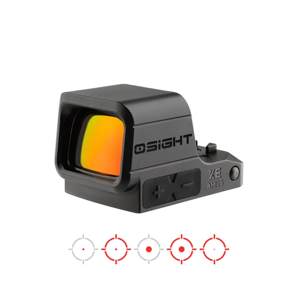 OSIGHT XE AMR5 reflex sight for guns, with four different reticle options shown below
