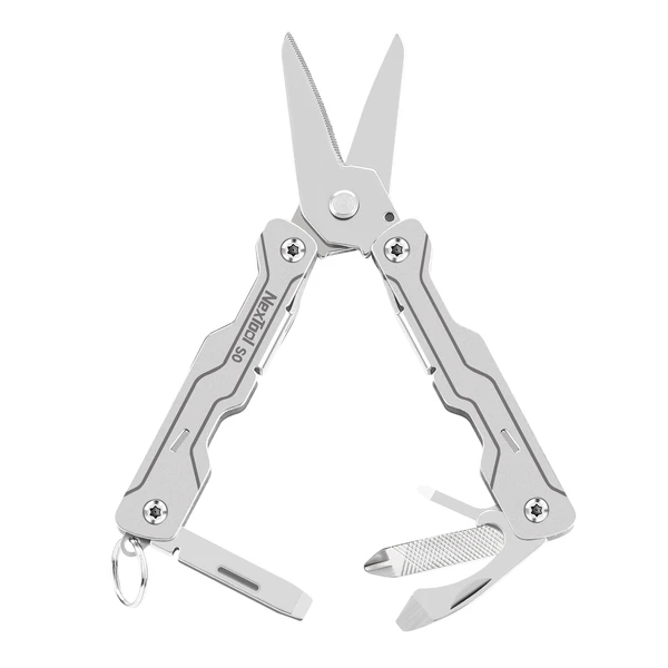 NexTool stainless steel multi-tool pocket scissors with screwdriver and bottle opener on white background