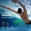 A swimmer wearing Holoswim 2 Pro AR goggles underwater, displaying real-time data like lap count and time.