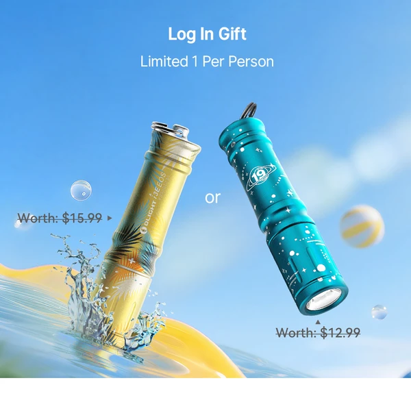 Olight i3E EOS keychain flashlight log in gift promo with yellow tropical and blue space themed mini flashlights