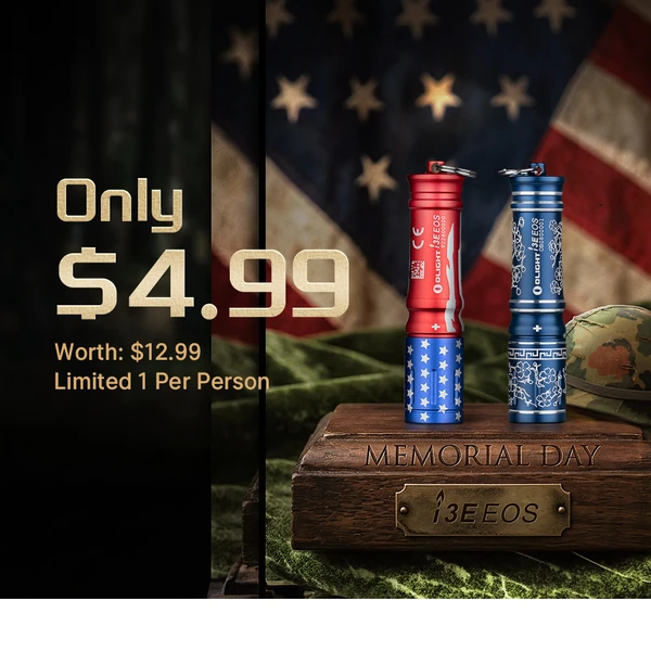 Olight I3E EOS Red White Blue and Blue with Floral Pattern flashlights for Memorial Day promotion.