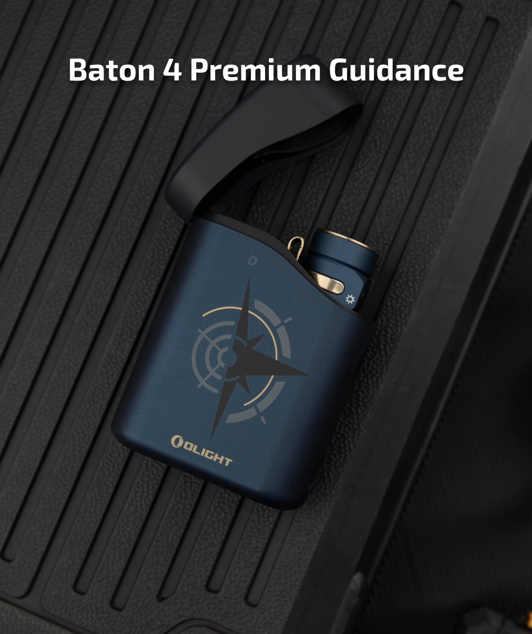 A stylish Olight Baton 4 flashlight with a 'Shop Now' button, set against a black suitcase background.
