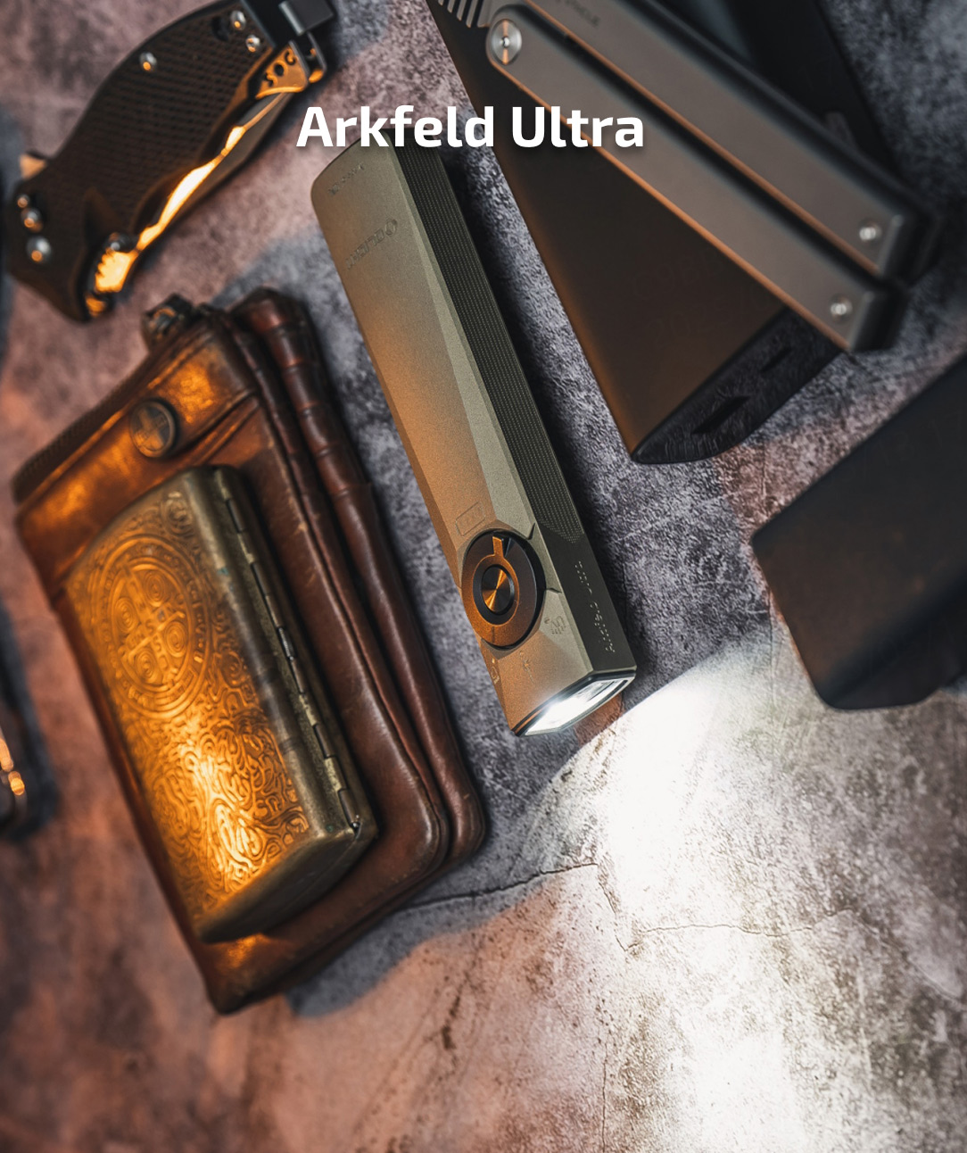 An Olight flashlight and leather wallet with the text 'Arkfeld Ultra' and a 'Shop Now' button.