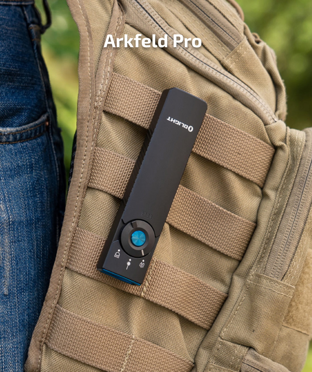 An Olight Arkfeld Pro flashlight on a backpack with a 'Shop Now' button.