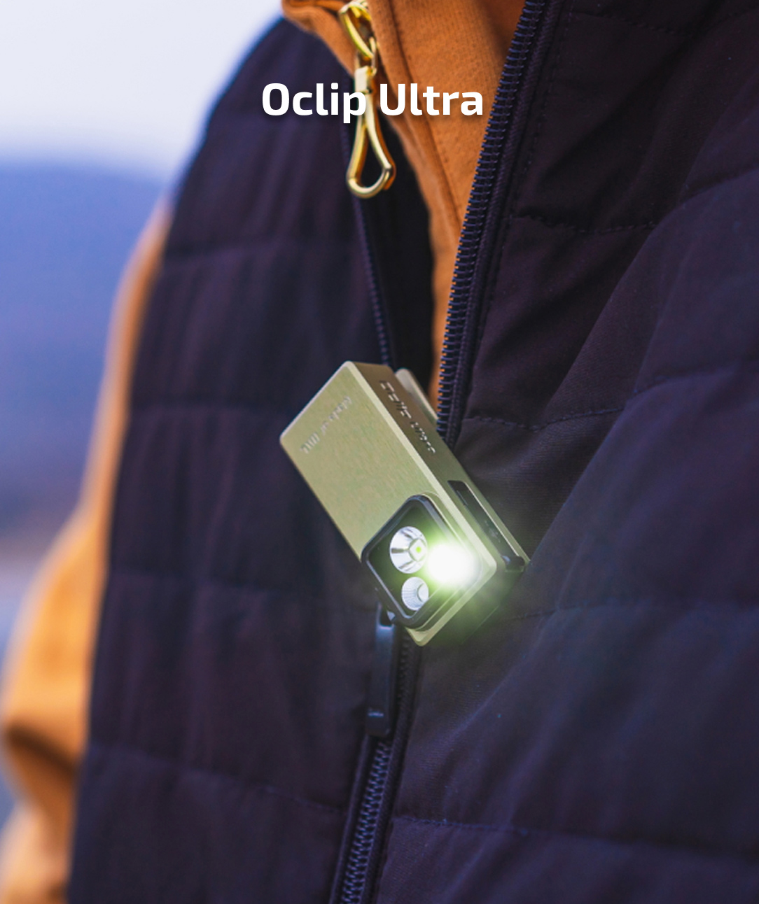 An Olight Oclip Ultra flashlight clipped to a jacket with a 'Shop Now' button.